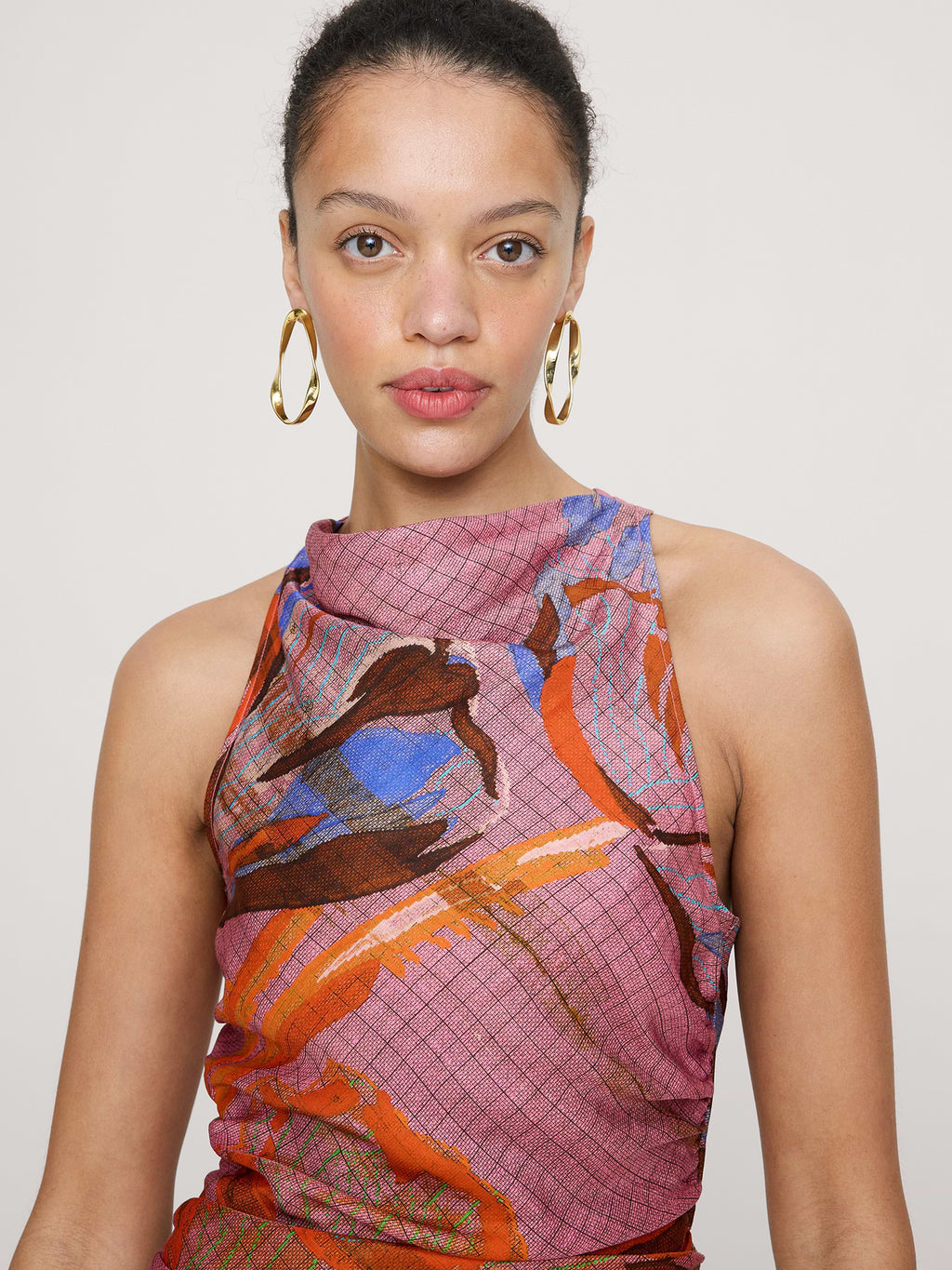 Viscose-Linen Cowl-Neck Dress - Pink Floral Grid