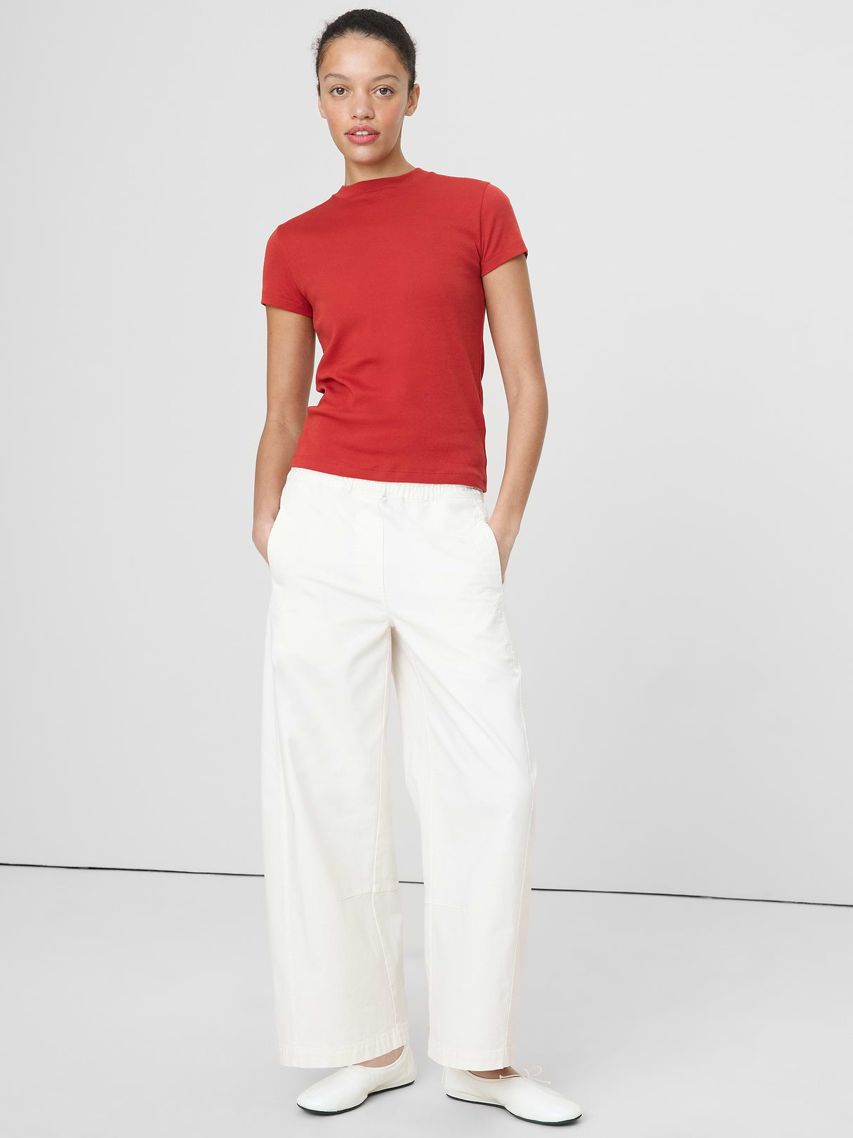 Airy Cotton Mock-Neck T-Shirt - Orange Zest