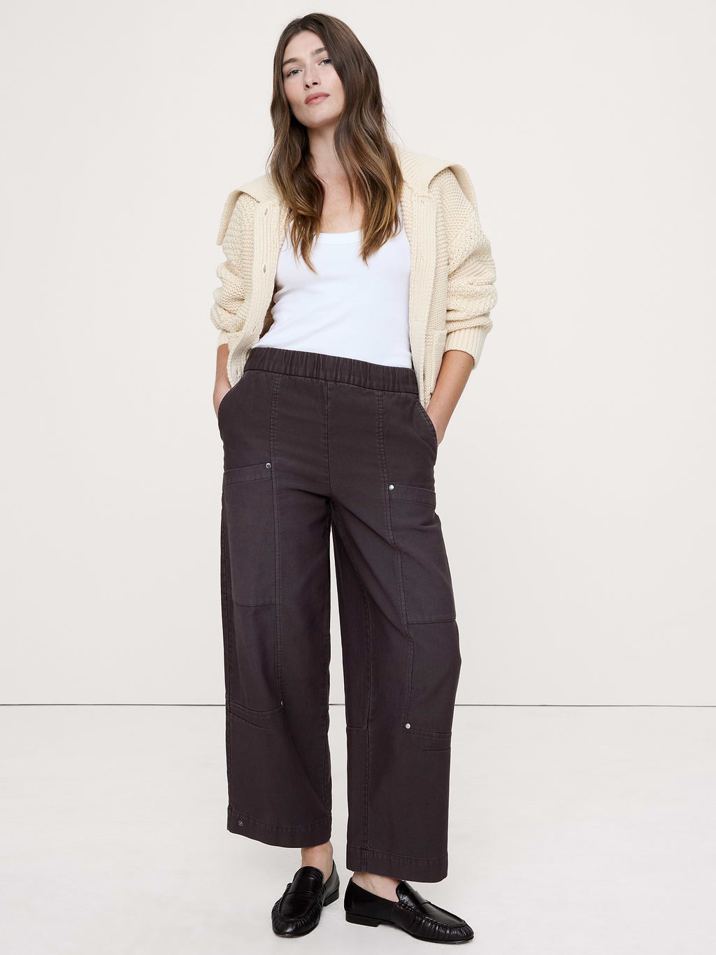 Wide-Leg Textured Twill Pull-On Pant - Molasses Brown