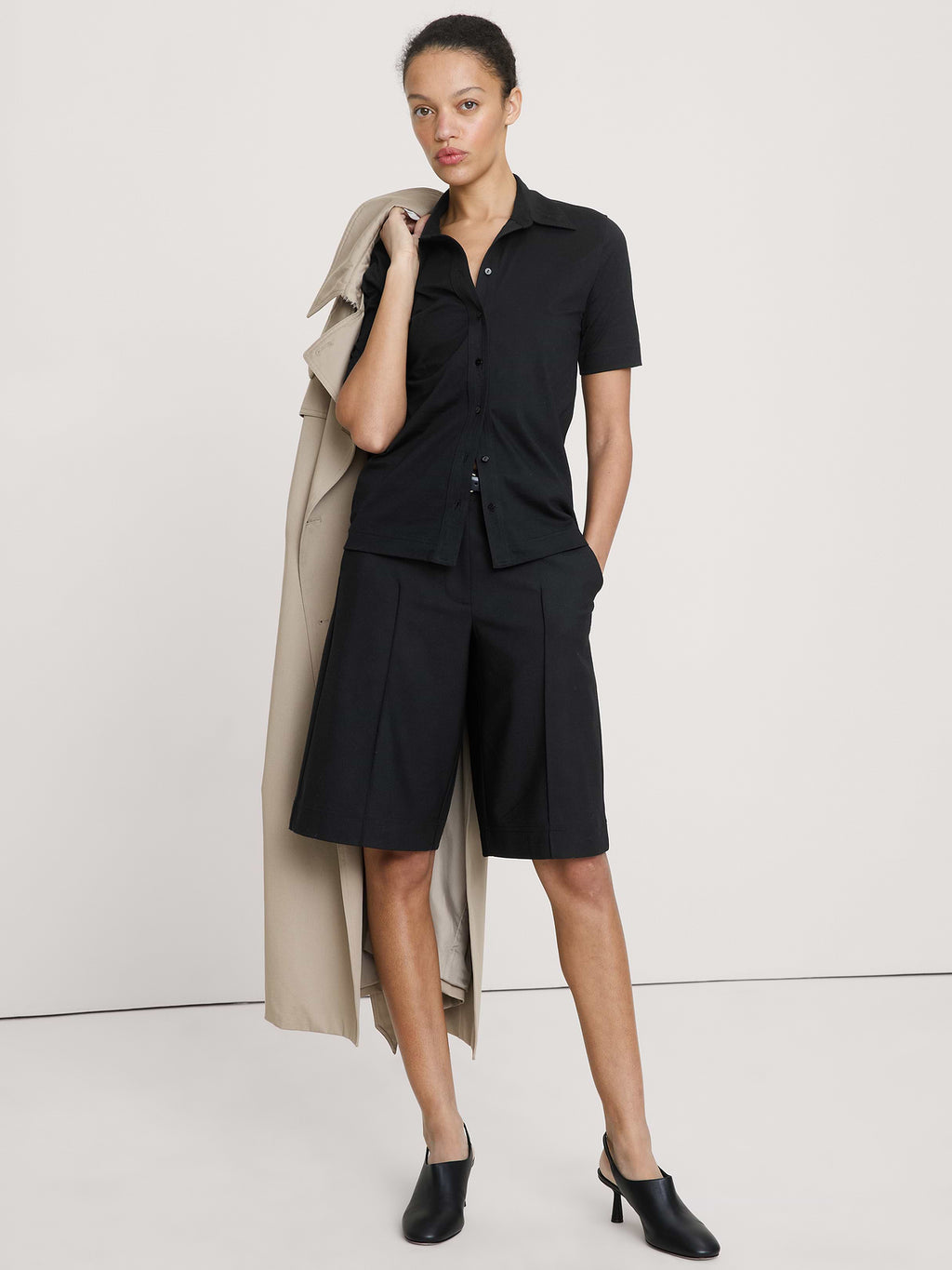 Silky Cotton Short-Sleeve Button-Down Top - Black