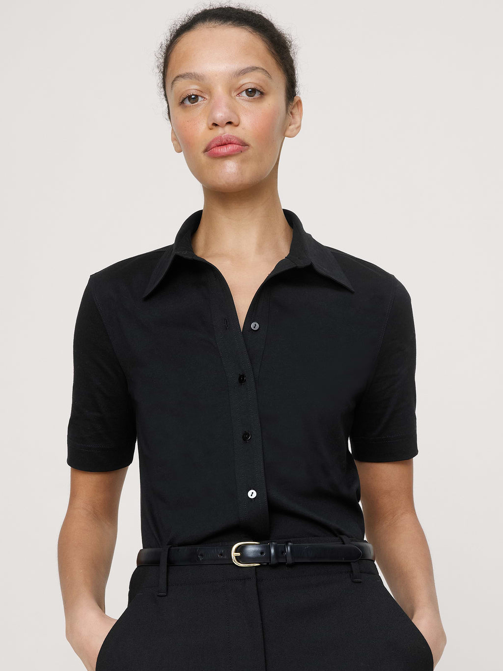 Silky Cotton Short-Sleeve Button-Down Top - Black
