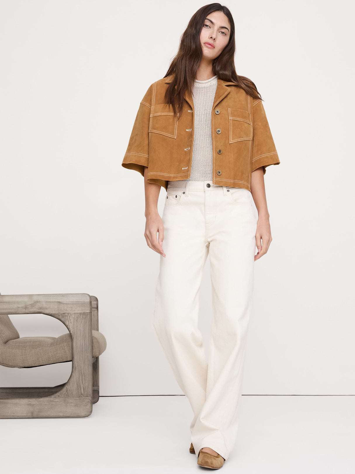Oversized Short Suede Jacket - Camel