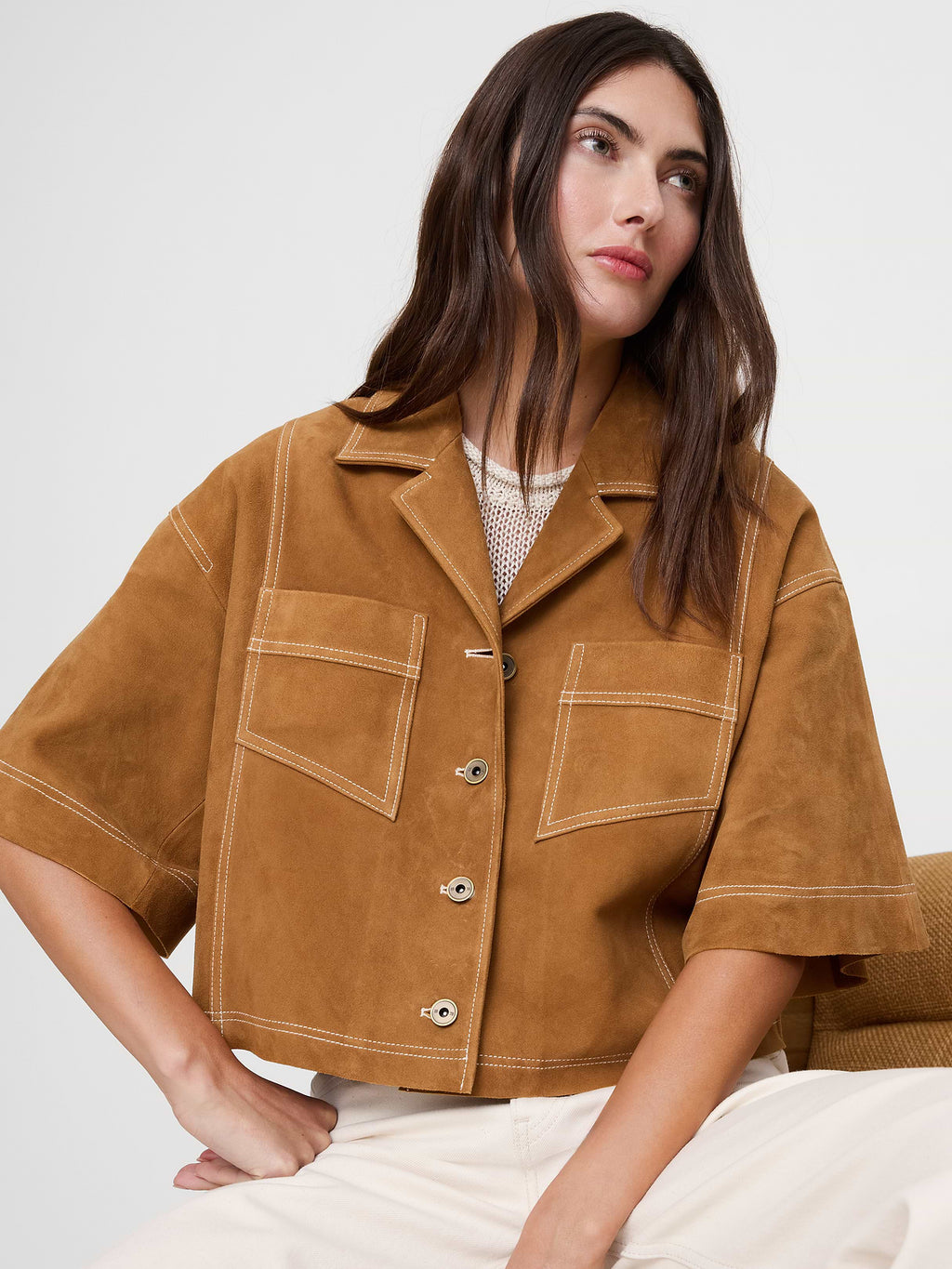 Oversized Short Suede Jacket - Camel