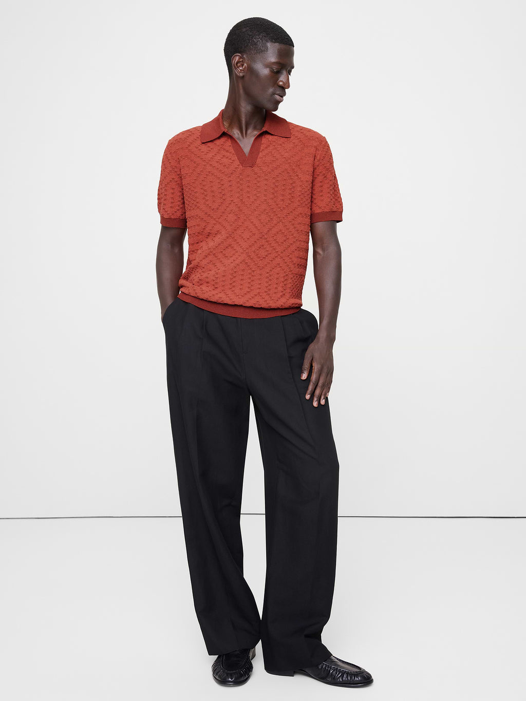 Linen-Cotton Blend Jacquard Polo - Jasper Red