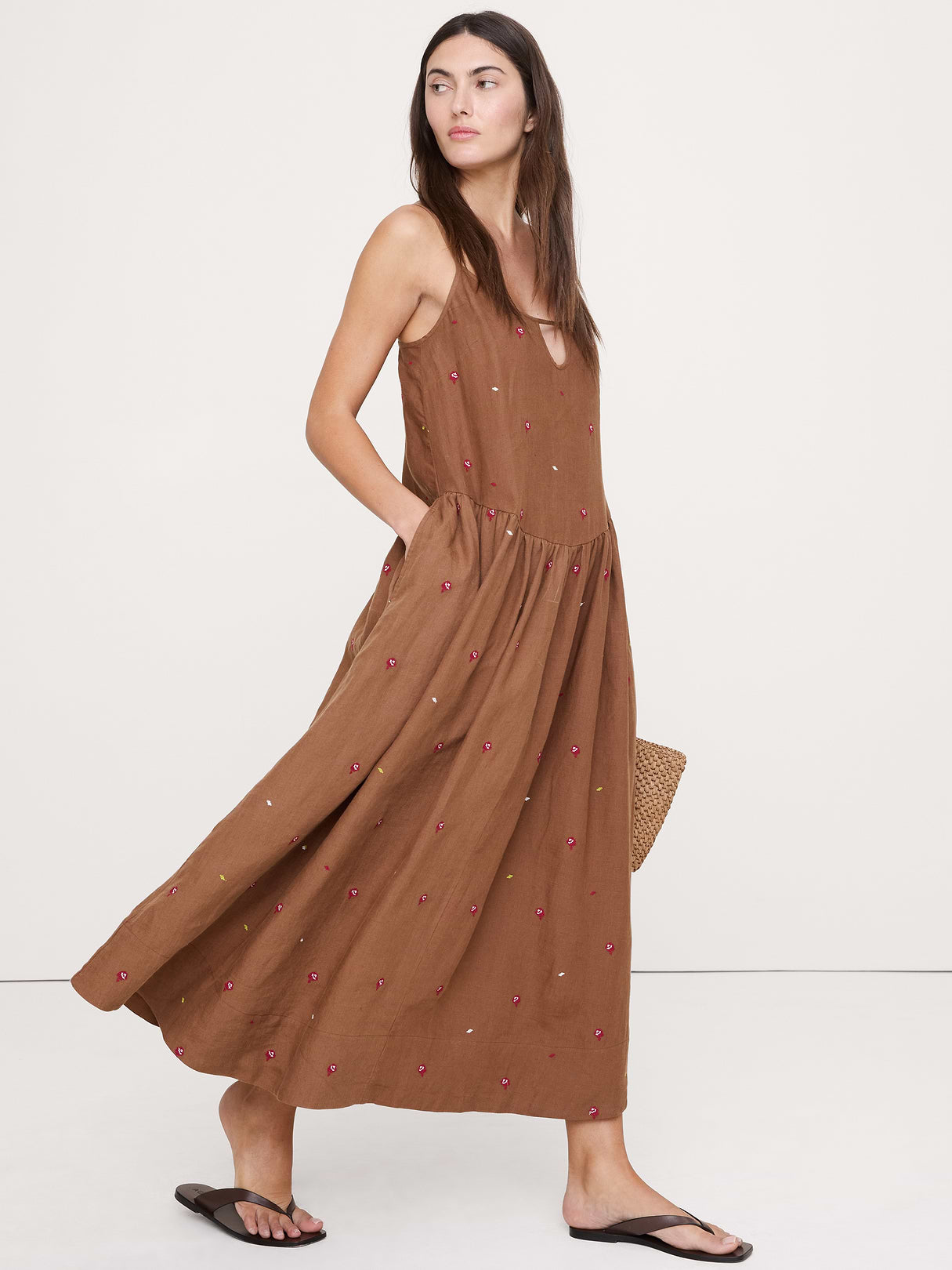 Linen Drop-Waist Maxi Dress - Embroidered Brown