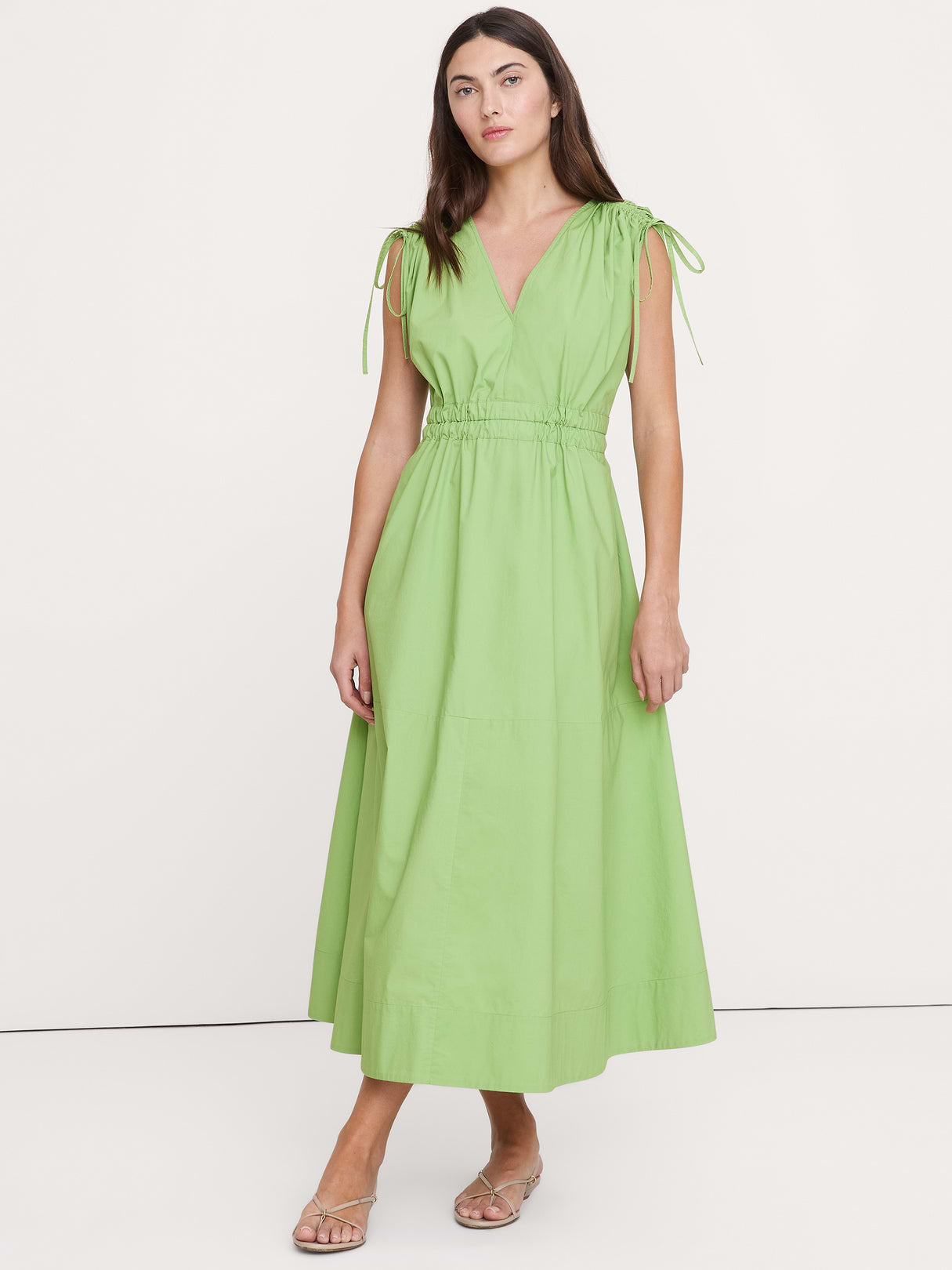 Poplin Ruched-Shoulder Maxi Dress - Grassy Fields Green