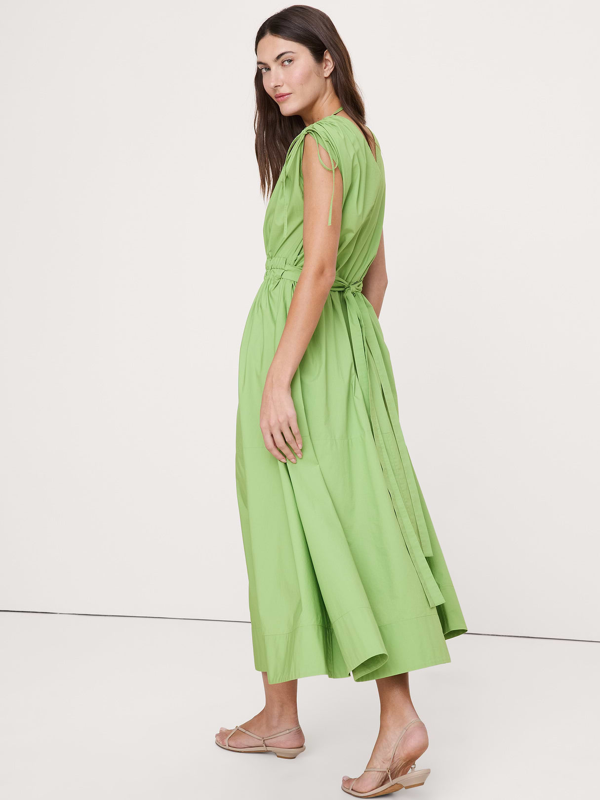 Poplin Ruched-Shoulder Maxi Dress - Grassy Fields Green