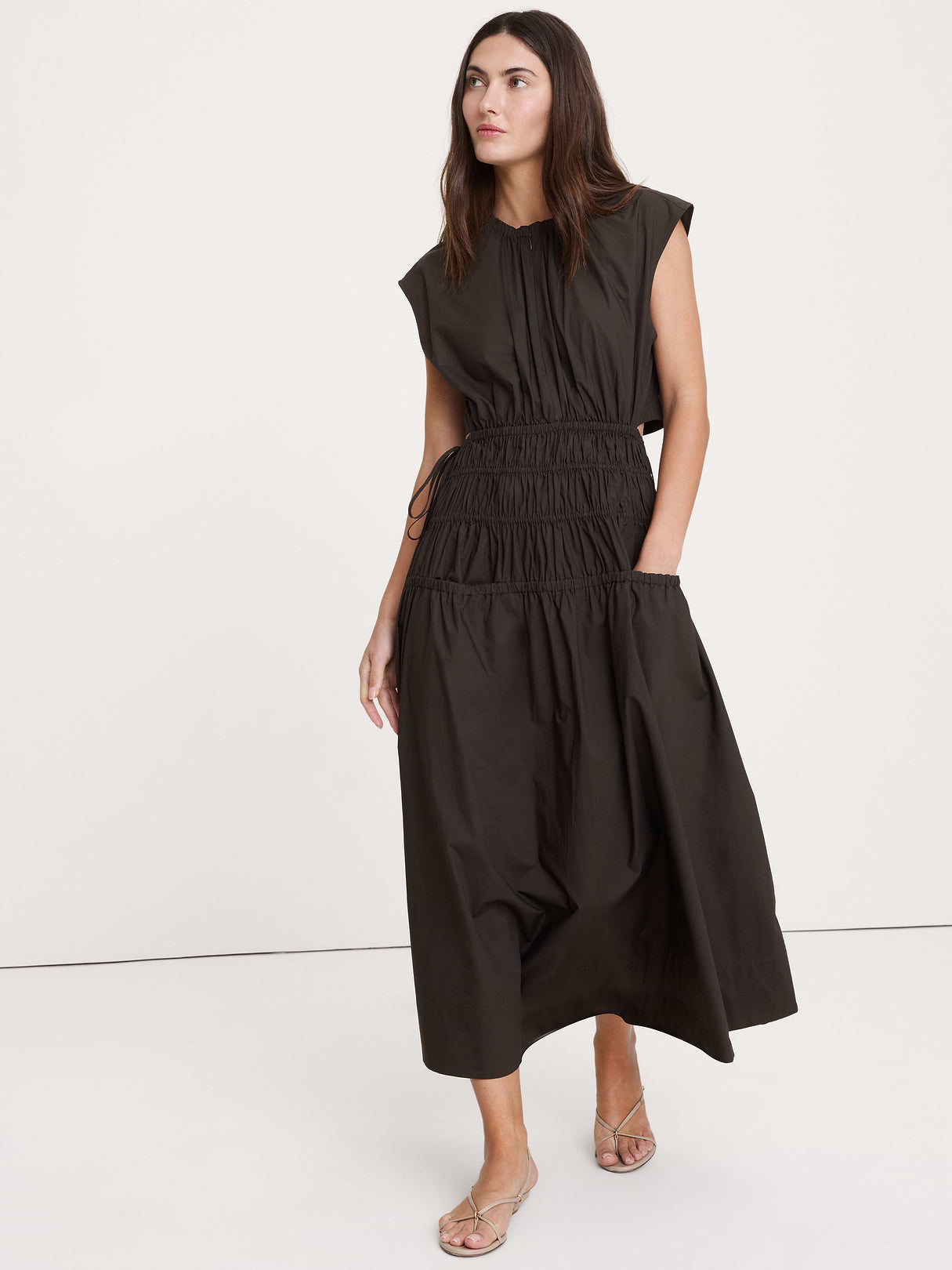 Smocked Cotton Poplin Maxi Dress with Open Back - Brownstone