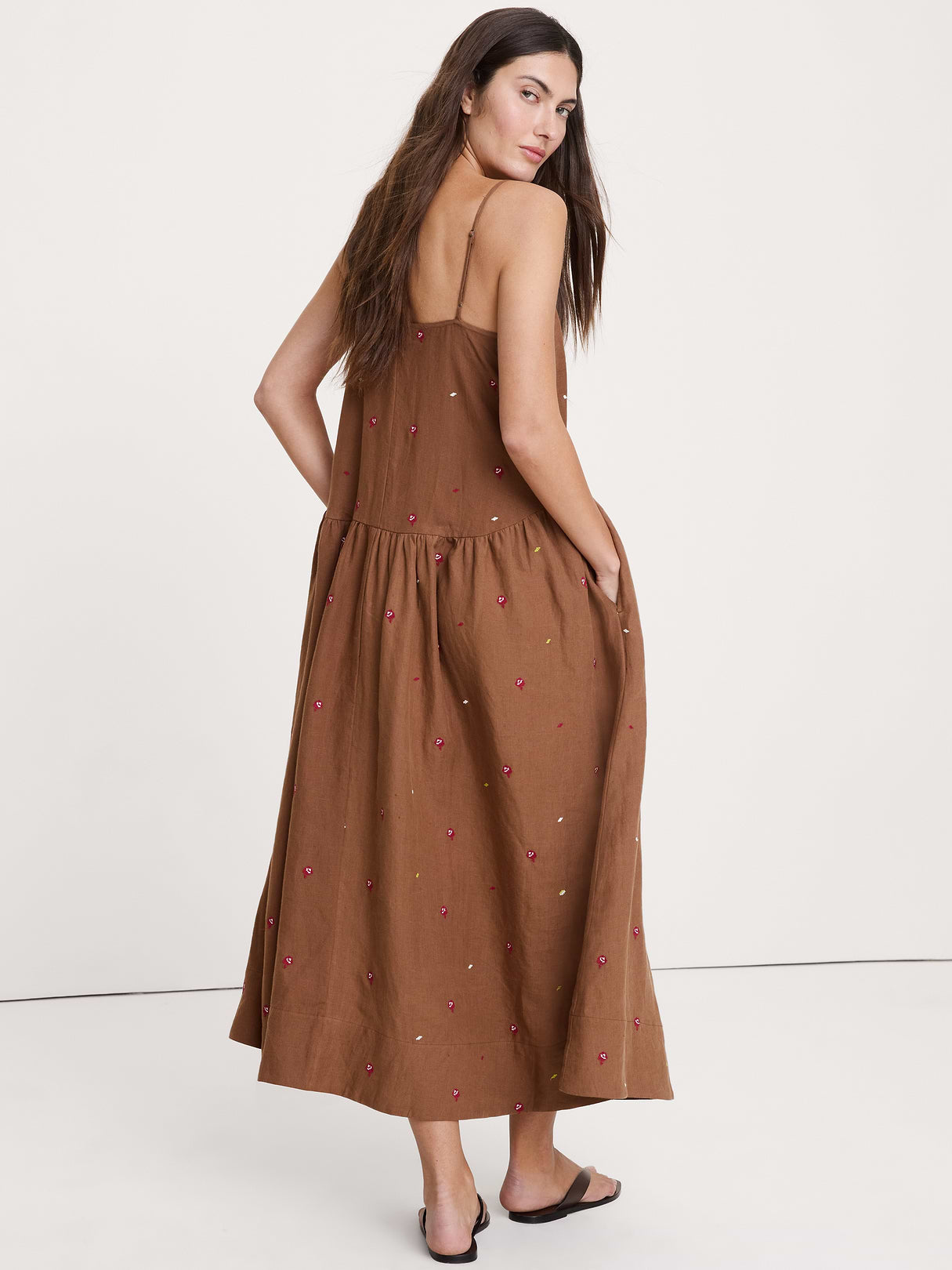Linen Drop-Waist Maxi Dress - Embroidered Brown