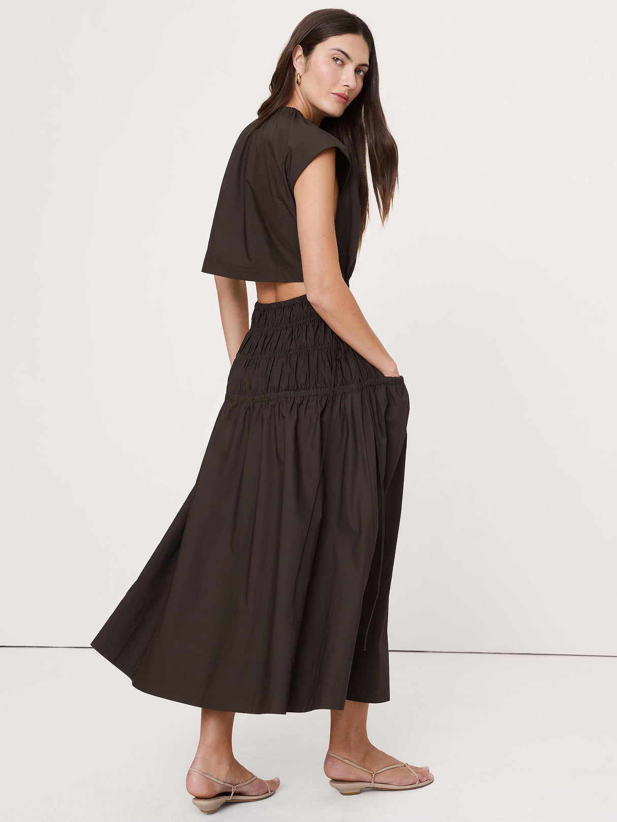 Smocked Cotton Poplin Maxi Dress with Open Back - Brownstone