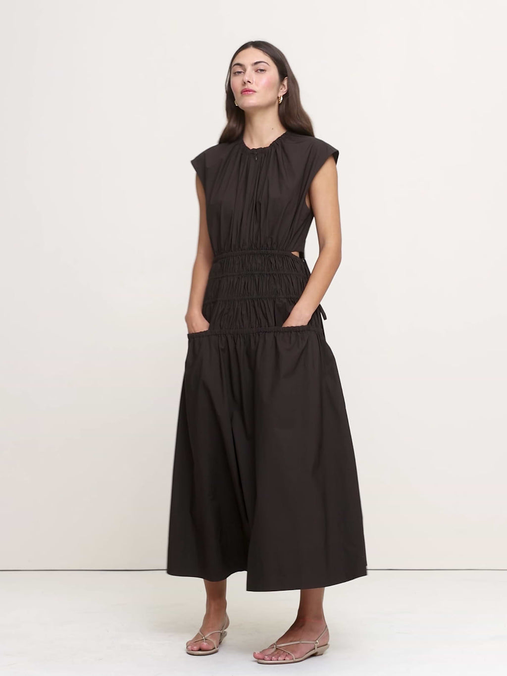 Smocked Cotton Poplin Maxi Dress with Open Back - Brownstone