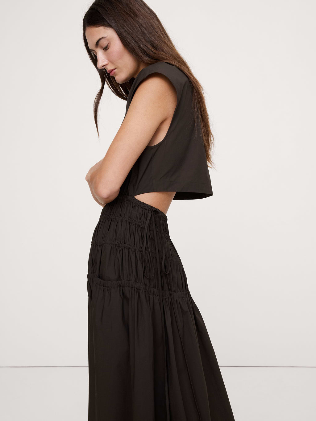 Smocked Cotton Poplin Maxi Dress with Open Back - Brownstone