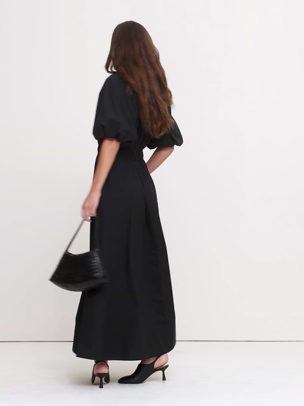Cotton Poplin Puff-Sleeve Maxi Dress - Black