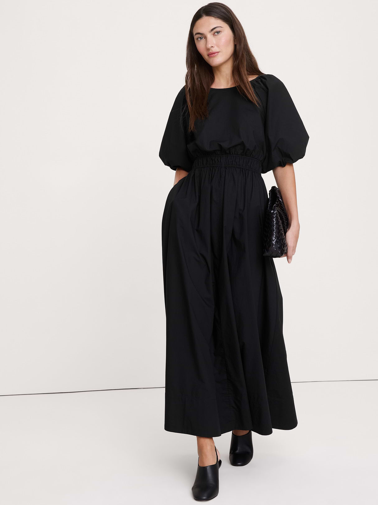 Cotton Poplin Puff-Sleeve Maxi Dress - Black