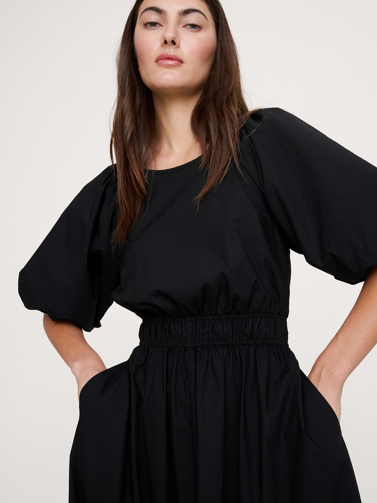 Cotton Poplin Puff-Sleeve Maxi Dress - Black