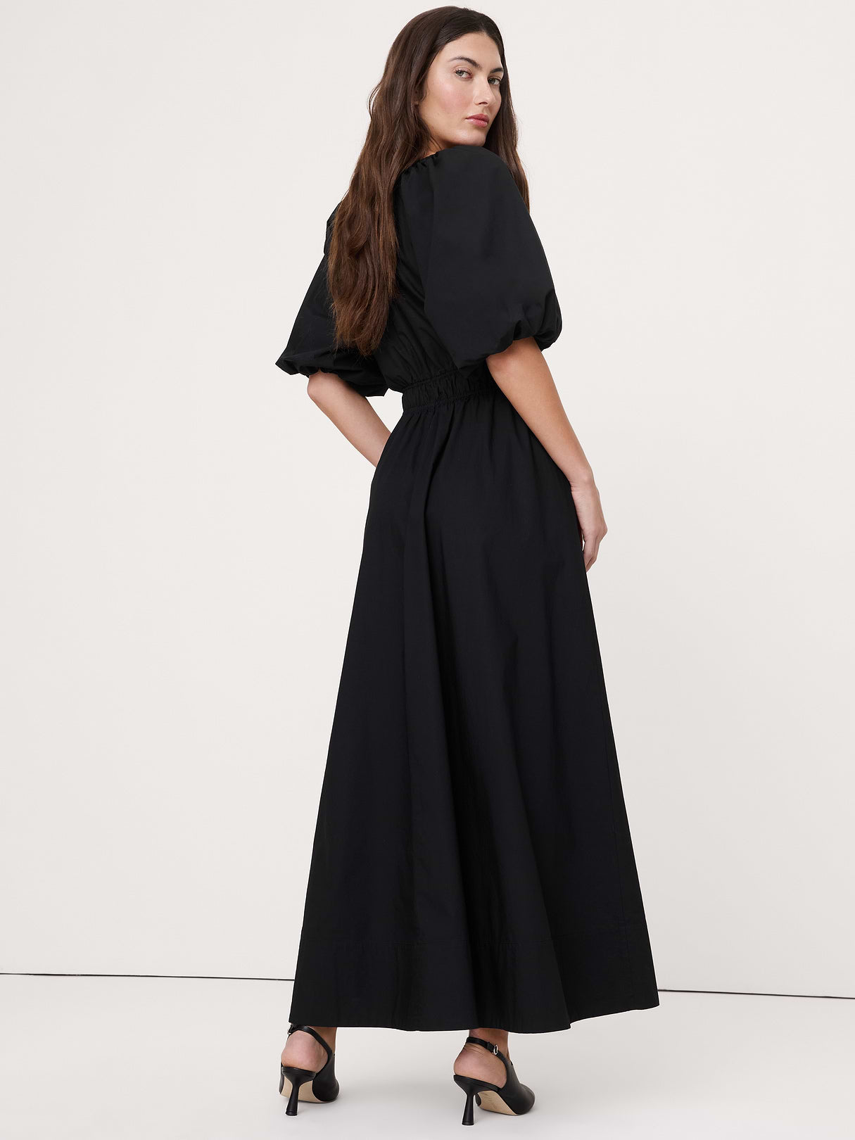 Cotton Poplin Puff-Sleeve Maxi Dress - Black