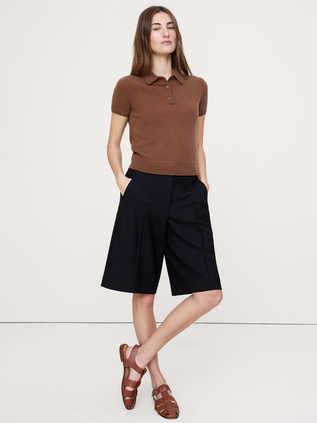 Lightweight Cashmere Short-Sleeve Sweater Polo - Cinnamon Coffee Brown