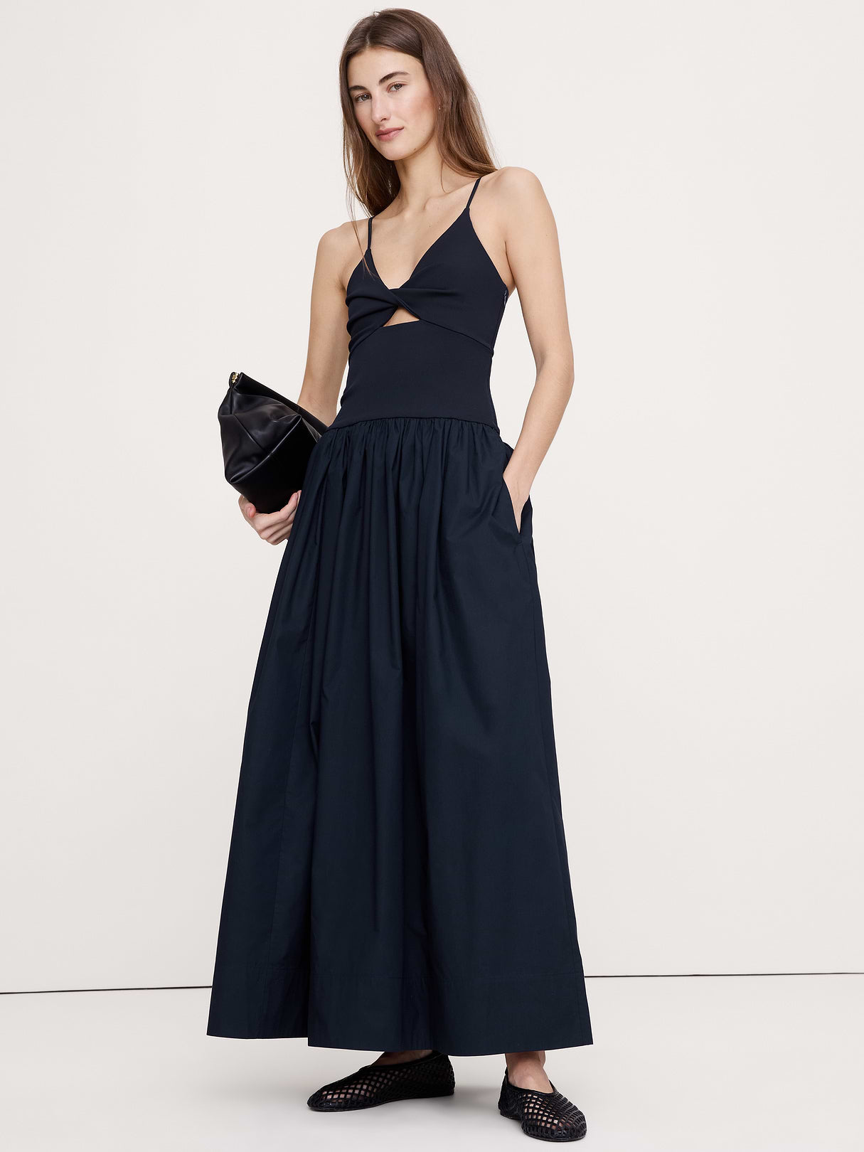 Jersey + Poplin Twist-Front Maxi Dress - Navy Blue