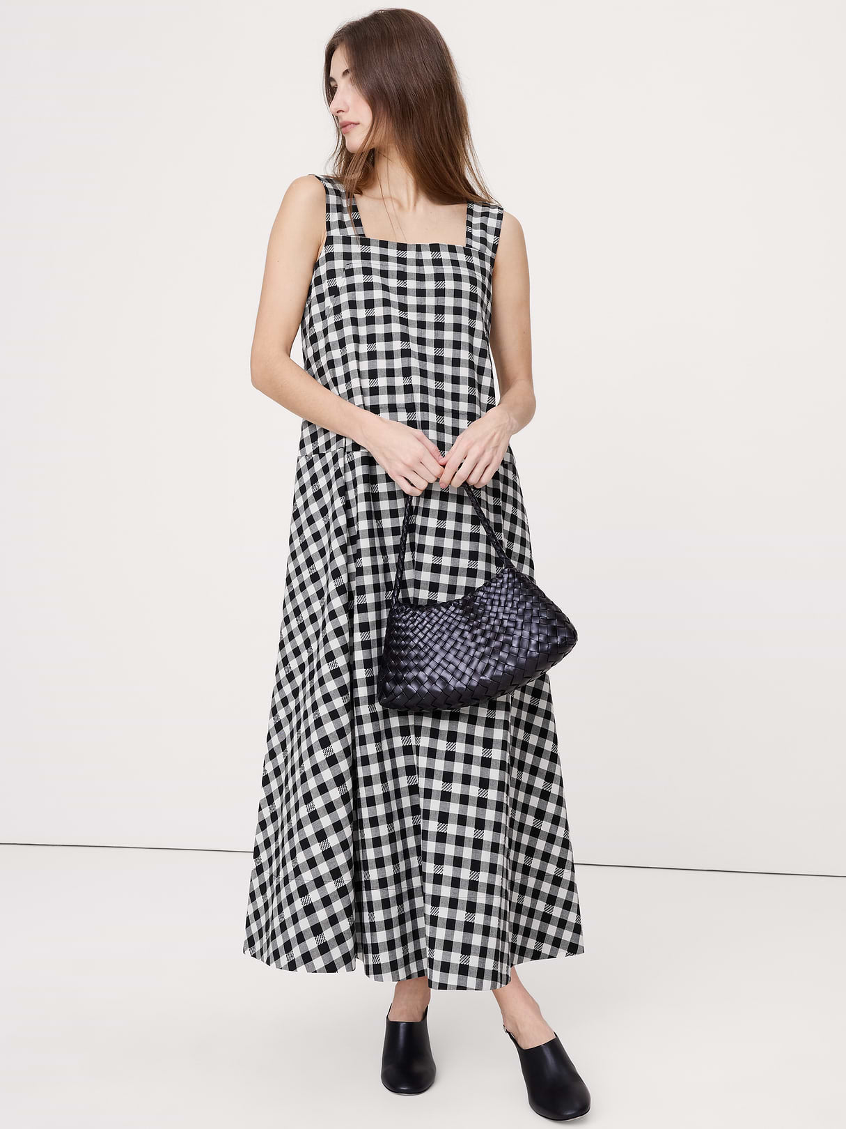 Square-Neck Apron Maxi Dress - Black Gingham (100% Cotton)