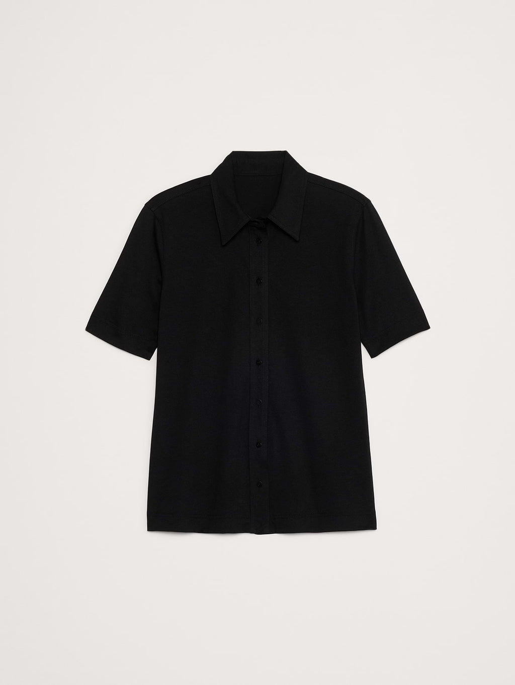 Silky Cotton Short-Sleeve Button-Down Top - Black