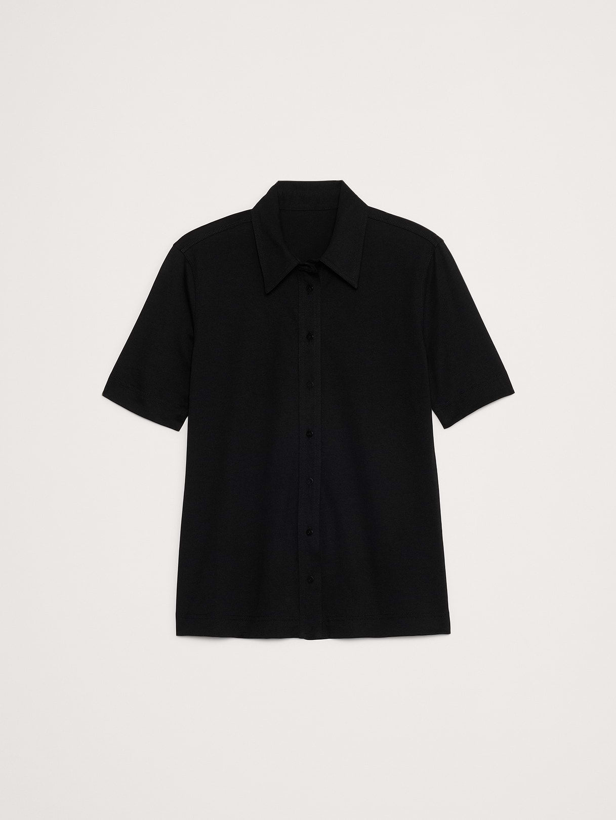 Silky Cotton Short-Sleeve Button-Down Top - Black