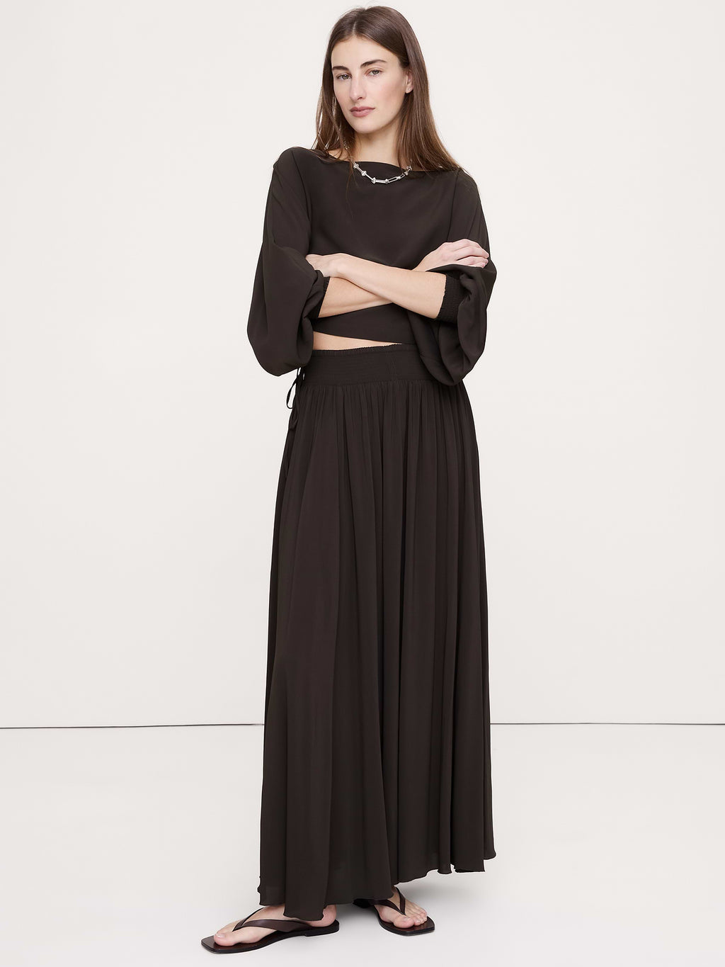 Smocked Georgette Maxi Skirt - Brownstone
