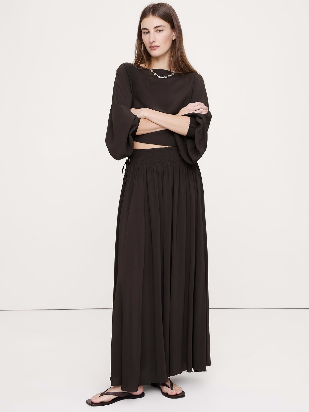 Smocked Georgette Maxi Skirt - Brownstone