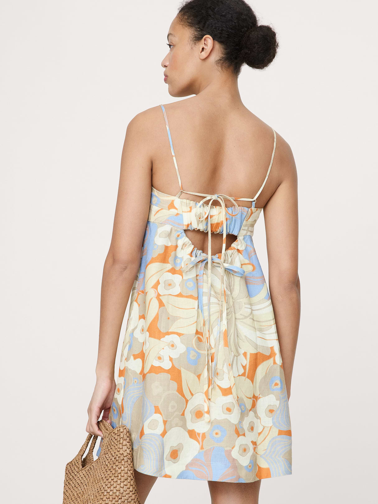Strappy Linen Mini Dress - Orange Floral