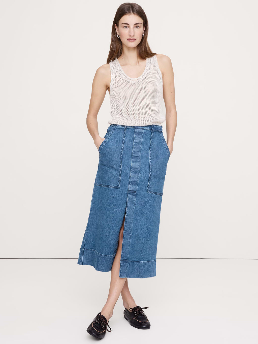 Denim Front-Slit Midi Skirt - Medium Wash