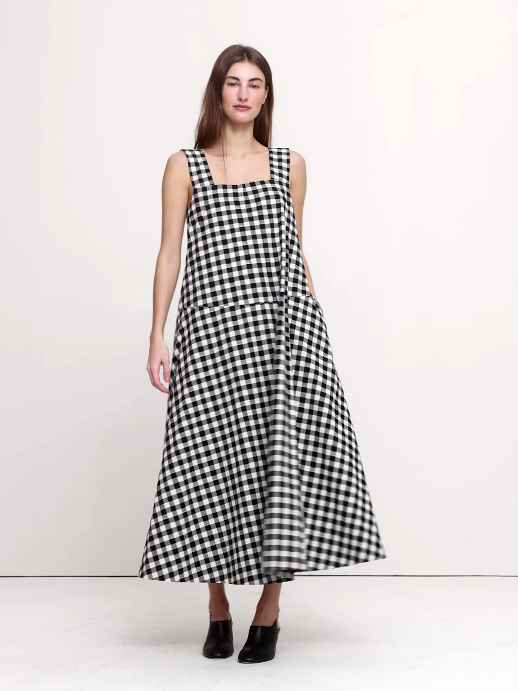 Square-Neck Apron Maxi Dress - Black Gingham (100% Cotton)