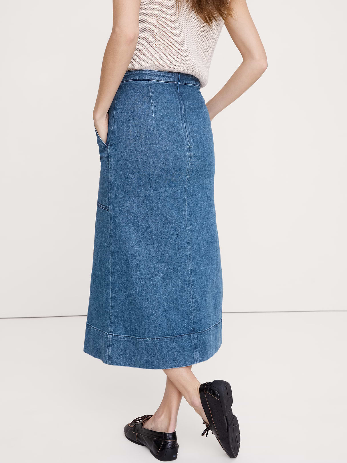 Denim Front-Slit Midi Skirt - Medium Wash