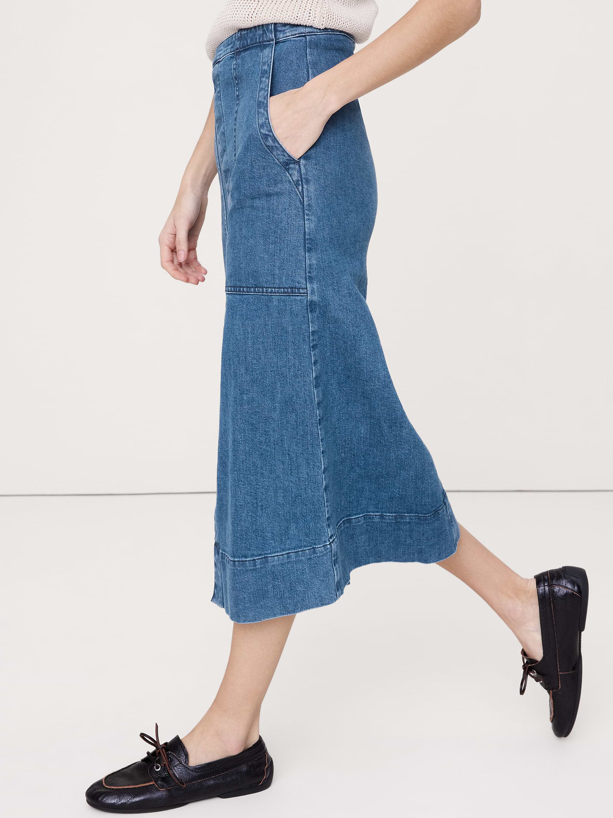 Denim Front-Slit Midi Skirt - Medium Wash