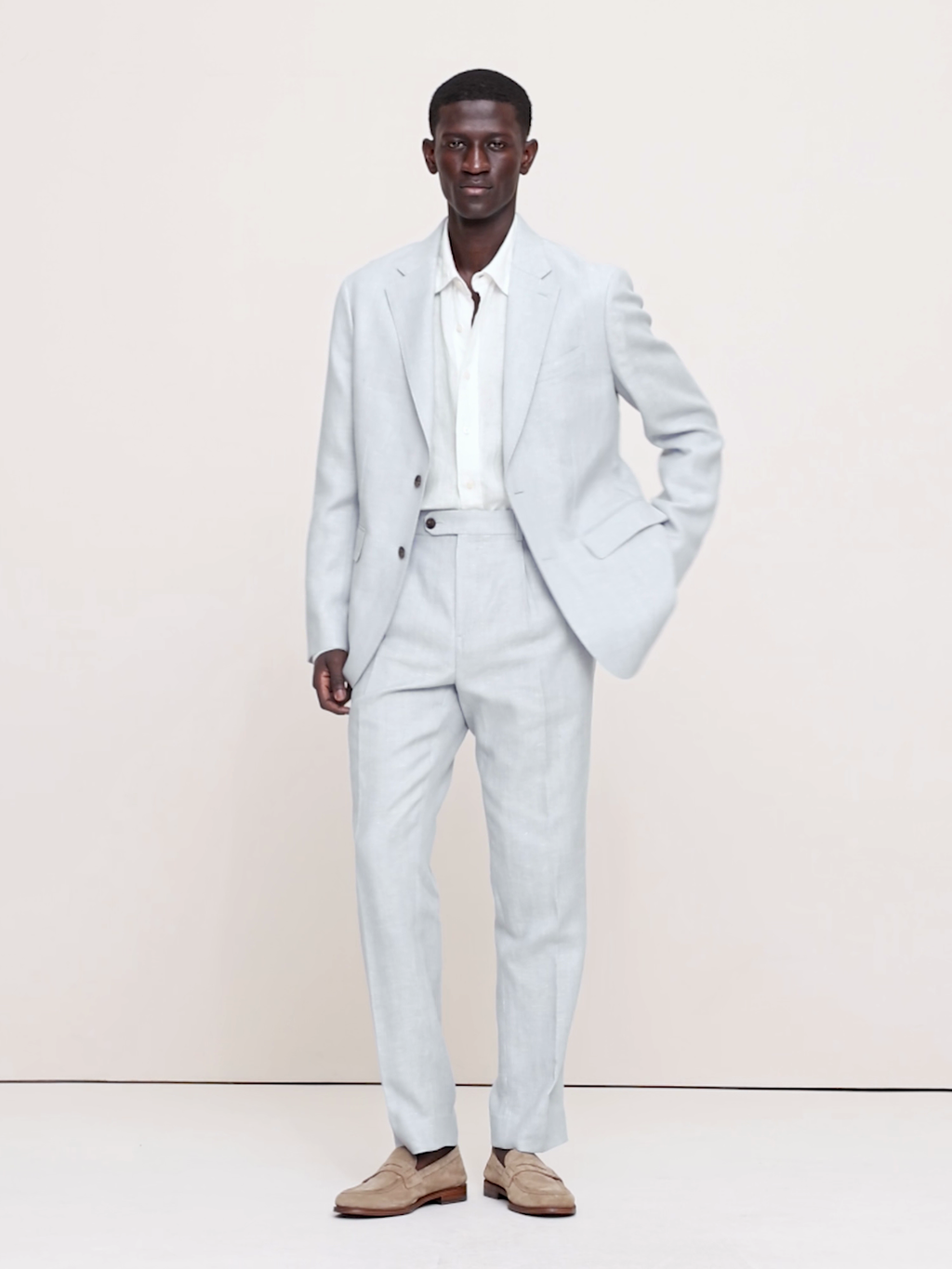 Tailored Slim-Fit Herringbone Linen-Merino Suit Pant - Light Blue Texture
