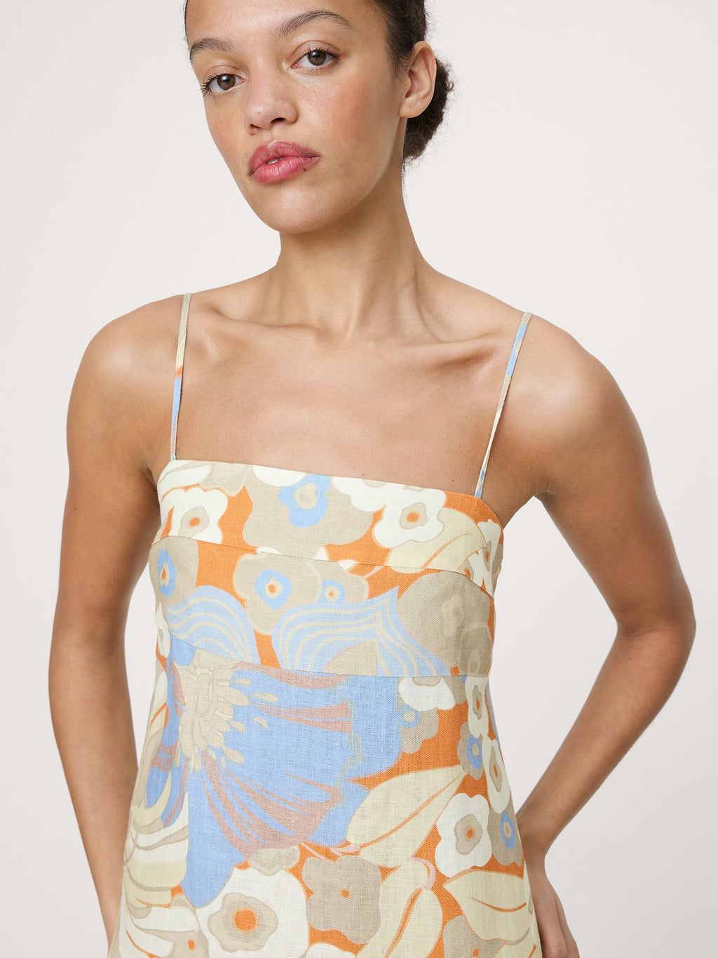 Strappy Linen Mini Dress - Orange Floral