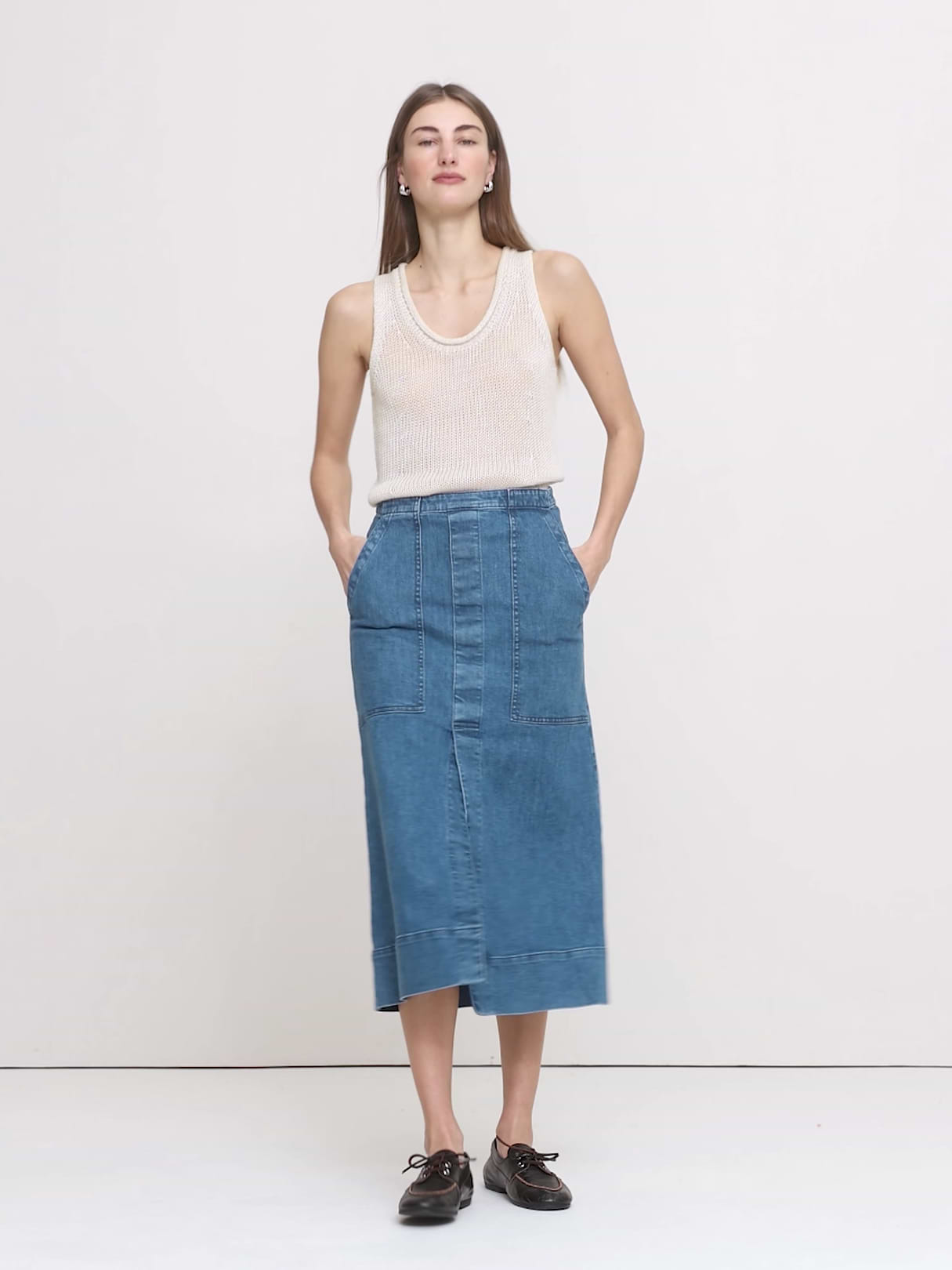Denim Front-Slit Midi Skirt - Medium Wash