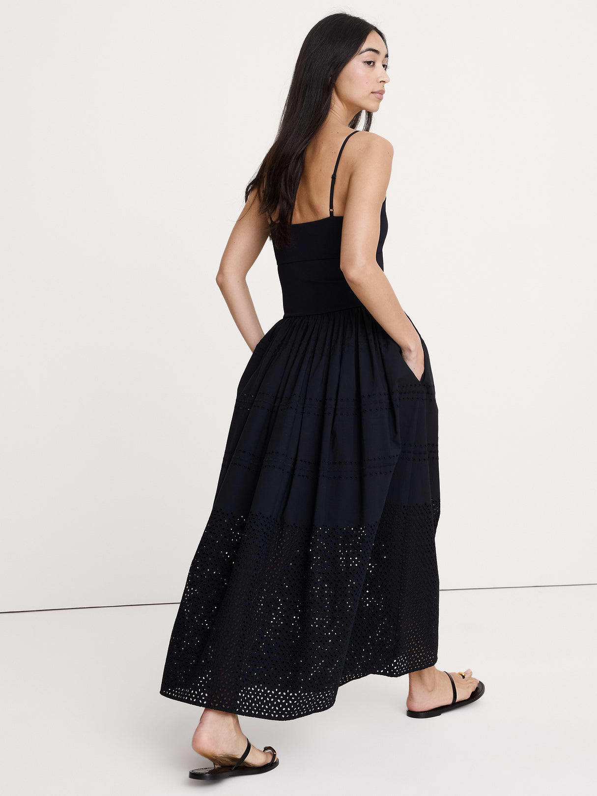 Jersey + Poplin Twist-Front Maxi Dress - Black with Embroidery