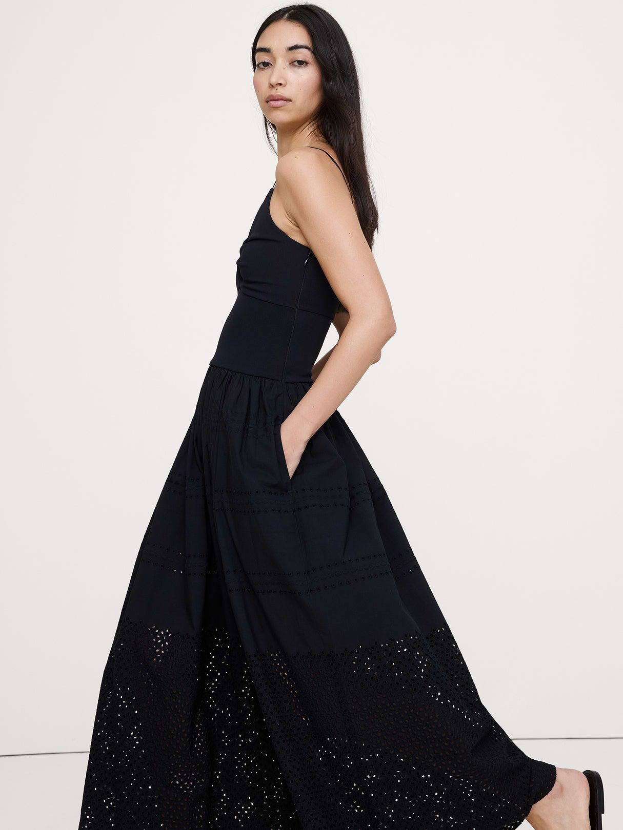 Jersey + Poplin Twist-Front Maxi Dress - Black with Embroidery
