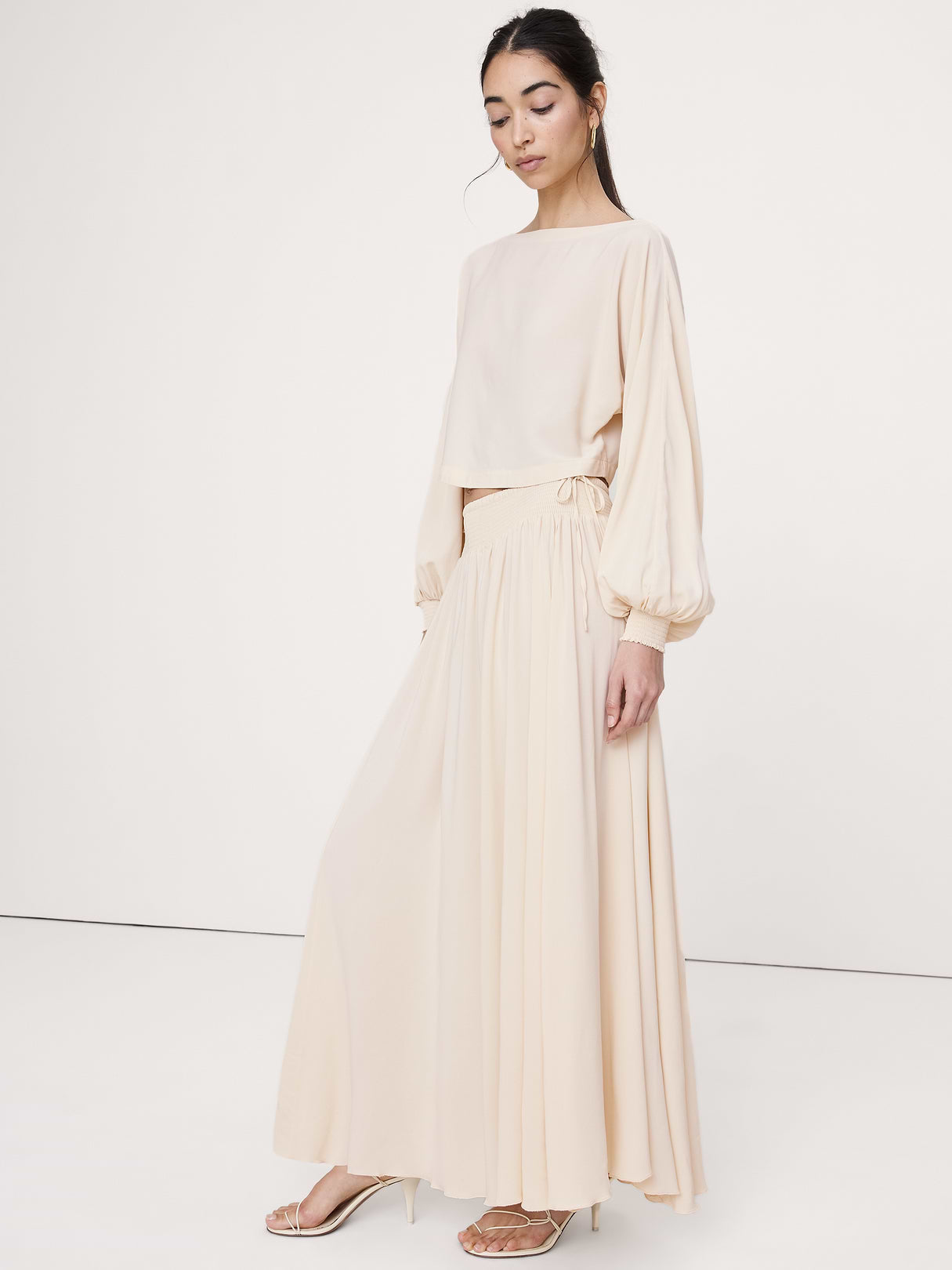 Smocked Georgette Maxi Skirt - Stone Twill Beige