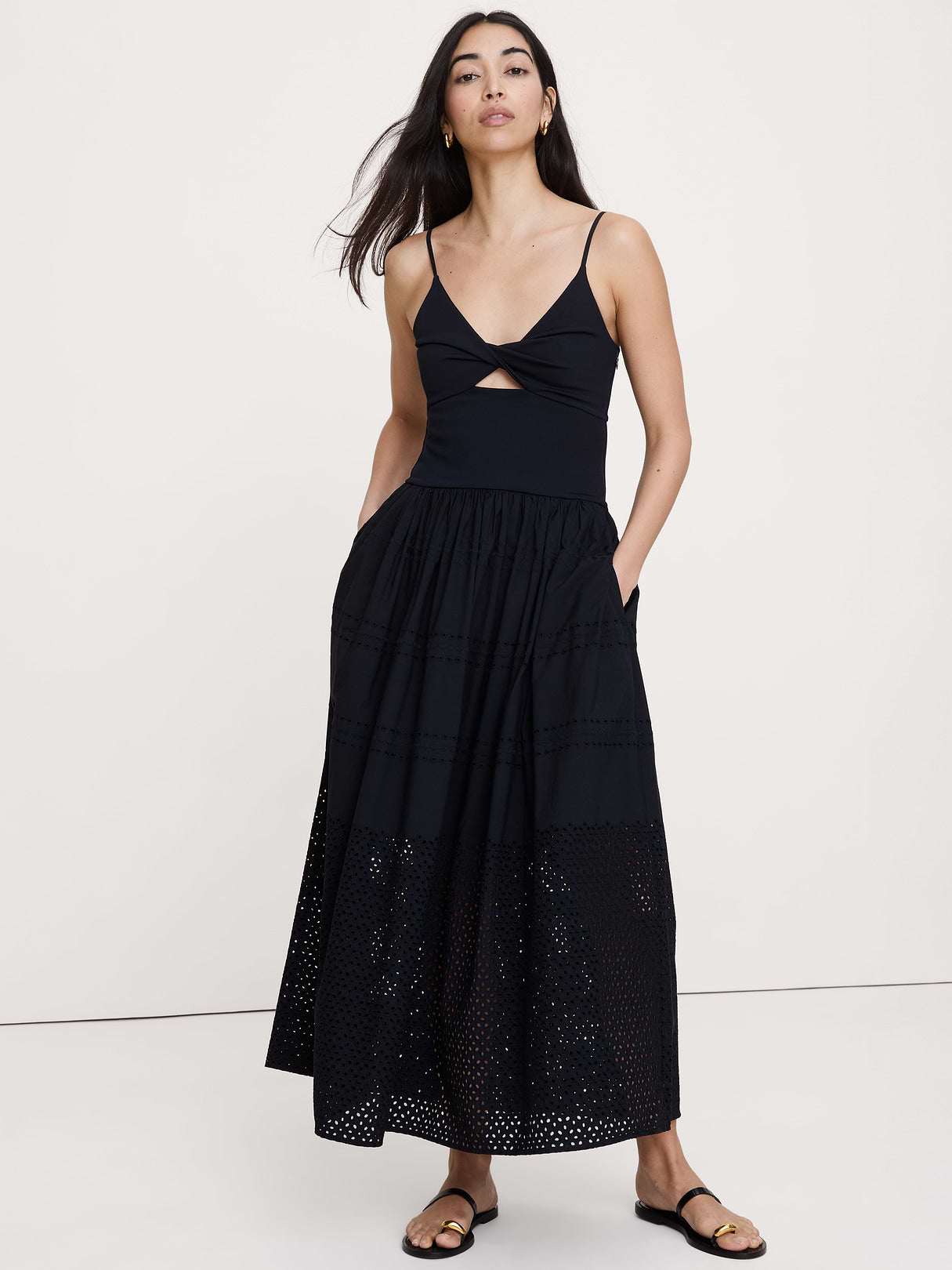 Jersey + Poplin Twist-Front Maxi Dress - Black with Embroidery