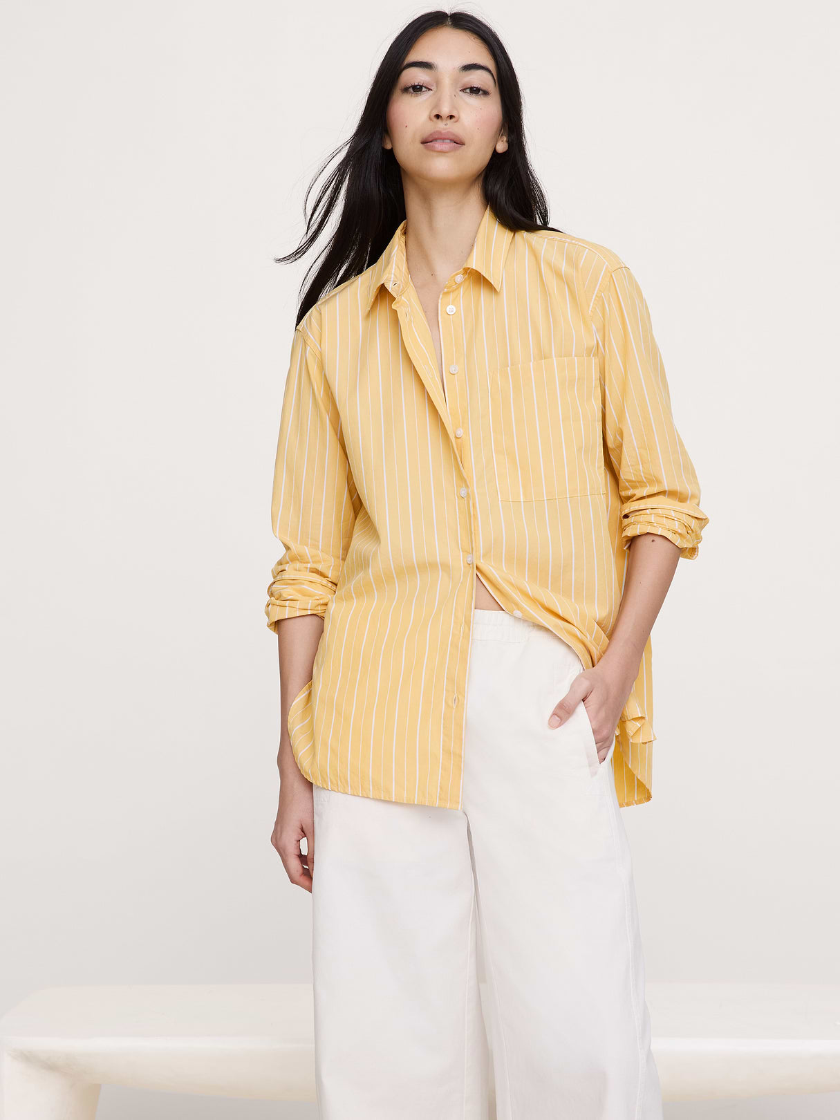 The Oversized Shirt in Cotton Poplin - Mustard Yellow Stripe