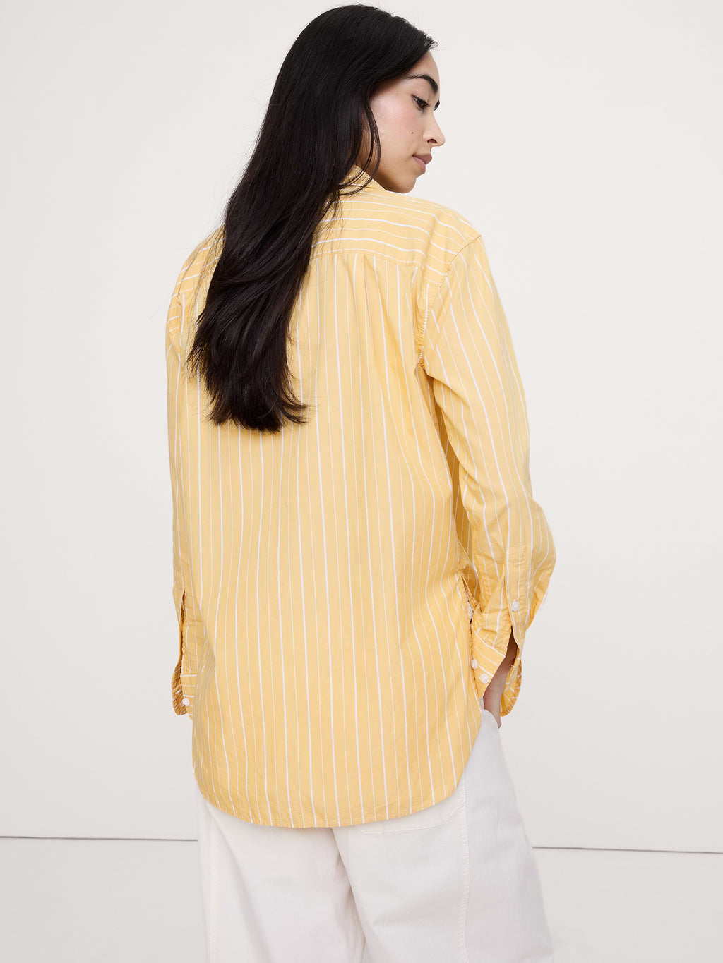 The Oversized Shirt in Cotton Poplin - Mustard Yellow Stripe