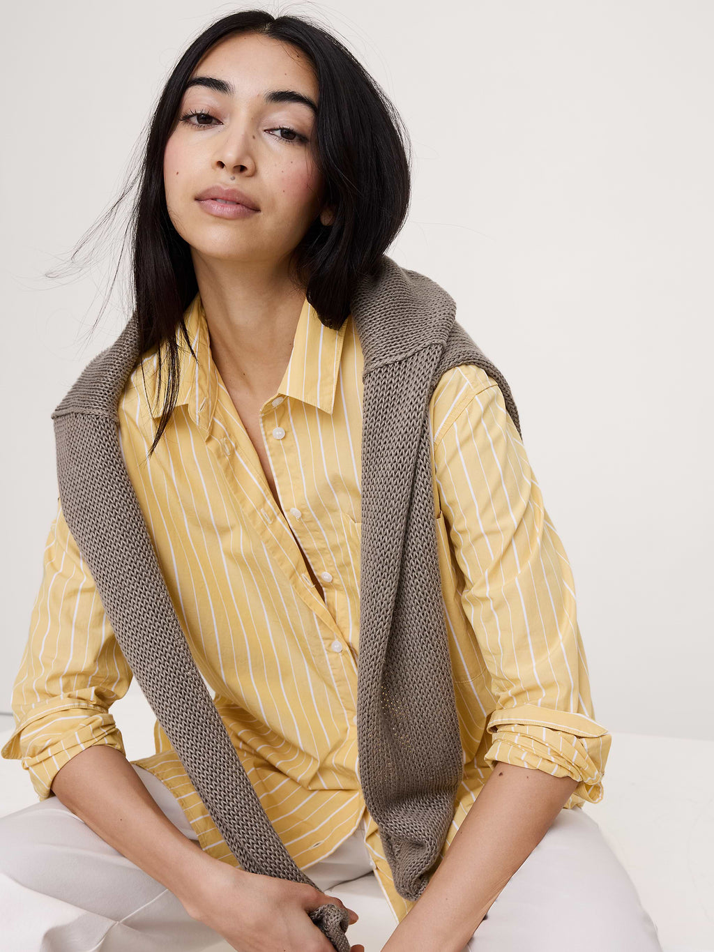 The Oversized Shirt in Cotton Poplin - Mustard Yellow Stripe