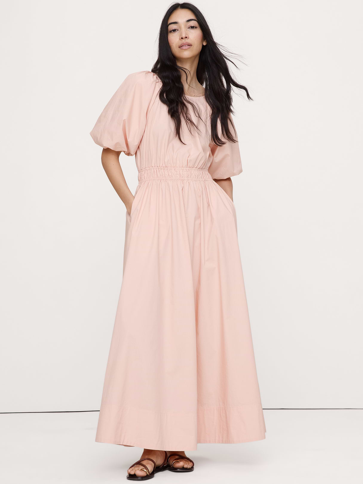 Cotton Poplin Puff-Sleeve Maxi Dress - Pink Shell