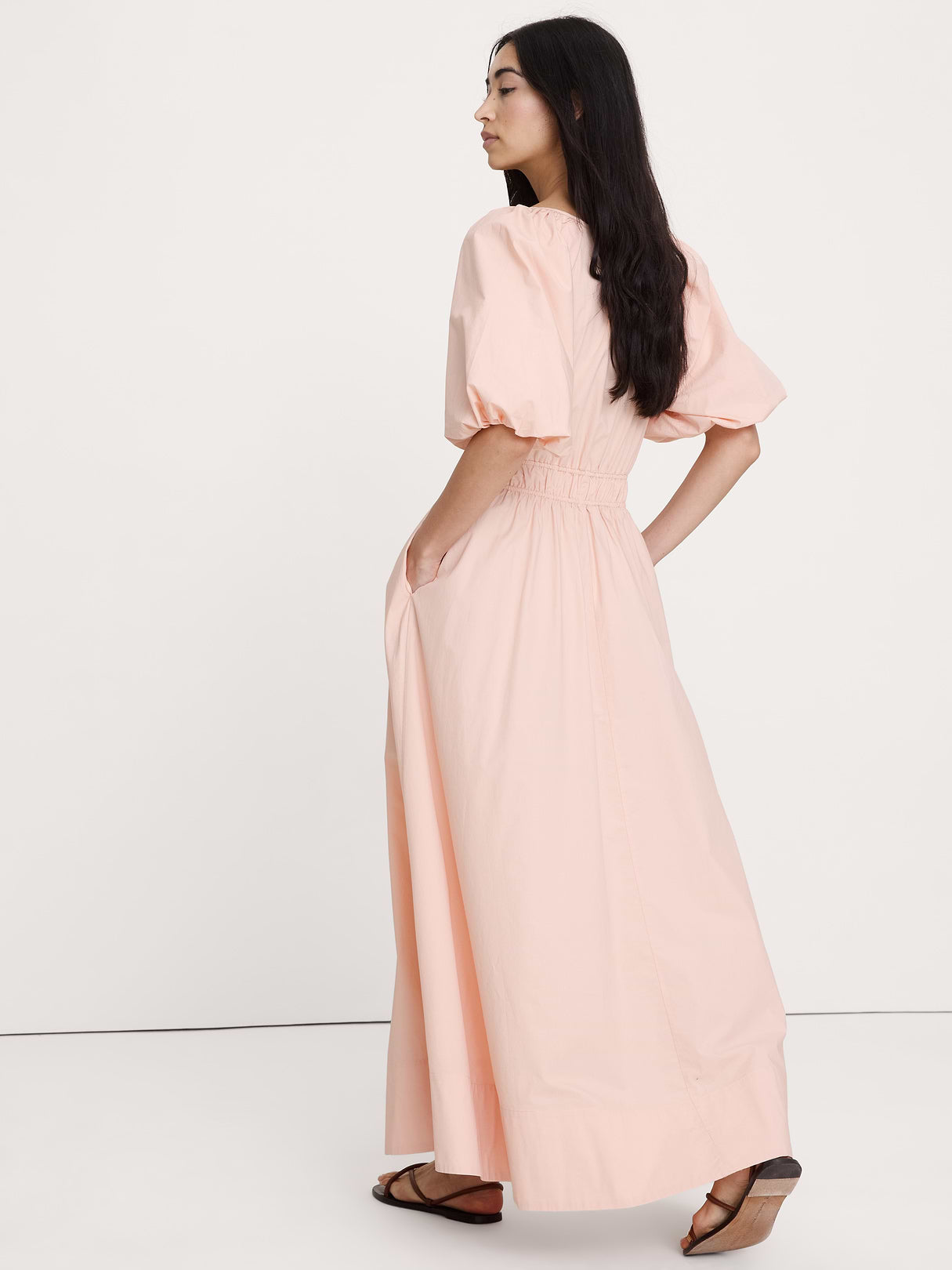 Cotton Poplin Puff-Sleeve Maxi Dress - Pink Shell