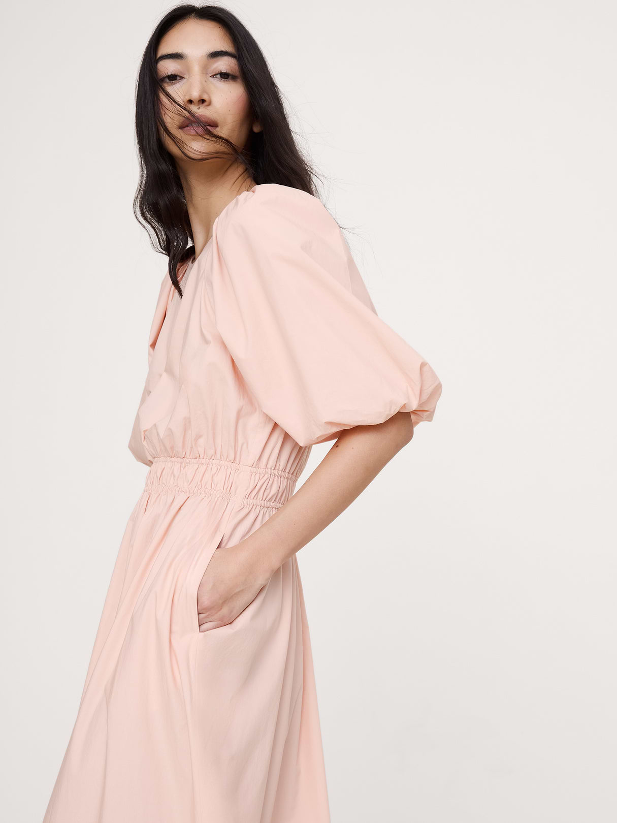 Cotton Poplin Puff-Sleeve Maxi Dress - Pink Shell