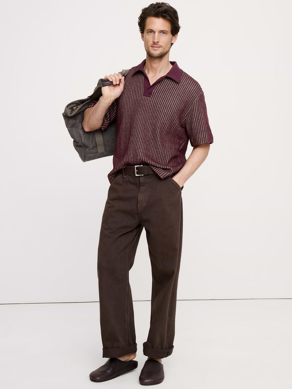 Relaxed-Fit Waffle-Knit Polo - Dark Merlot