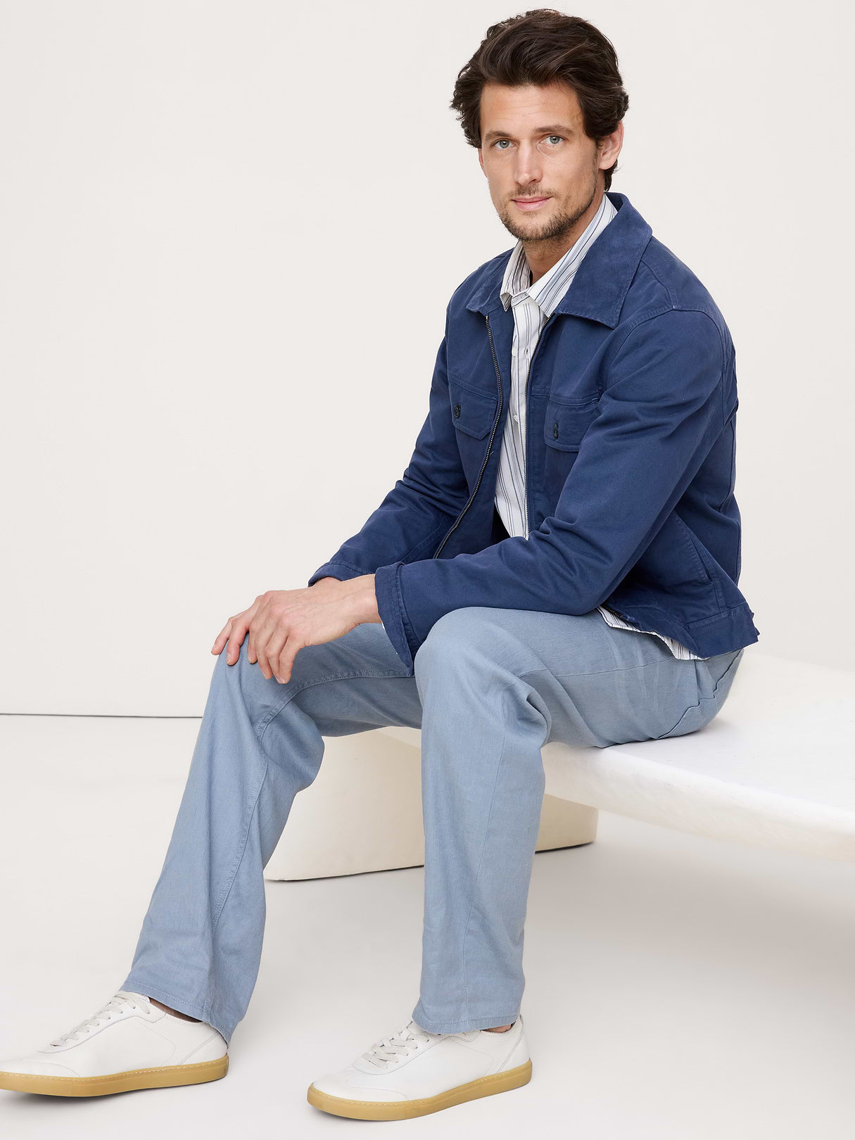 Straight Linen-Cotton Traveler Pant - Gray Blue