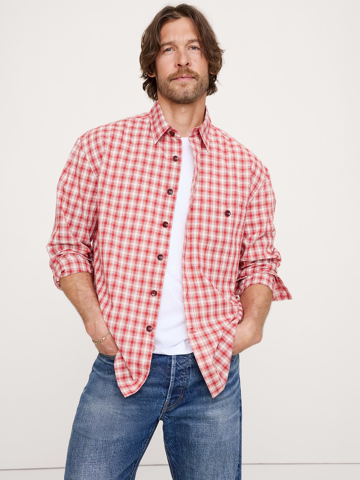 Relaxed-Fit Washed Cotton Poplin Shirt - Red Plaid
