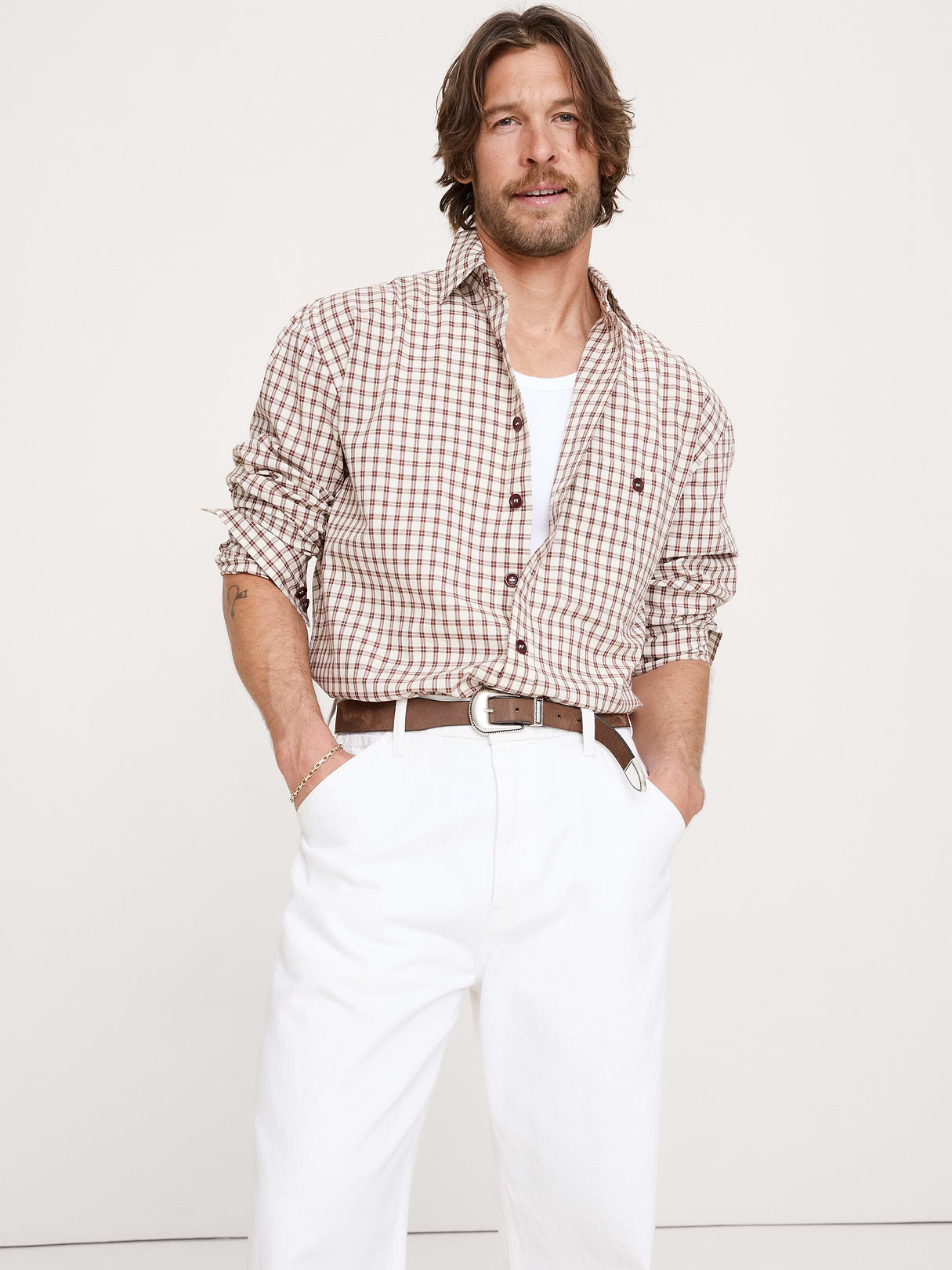 Relaxed-Fit Washed Cotton Poplin Shirt - Brown Grid