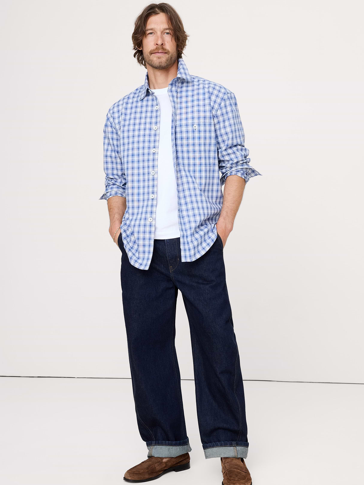 Relaxed-Fit Washed Cotton Poplin Shirt - Medium Blue Plaid